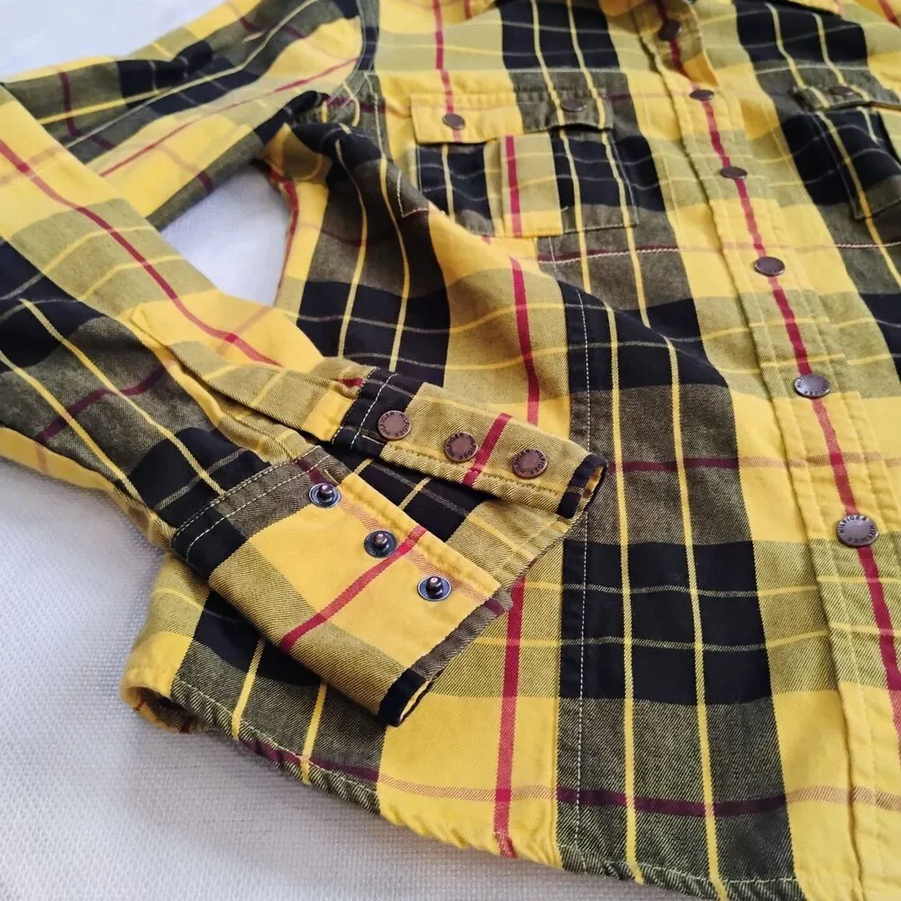 Tommy Hilfiger Y2K Yellow Plaid Flannel Shirt Small Clueless 2002 Snap Vintage - Picture 5 of 16